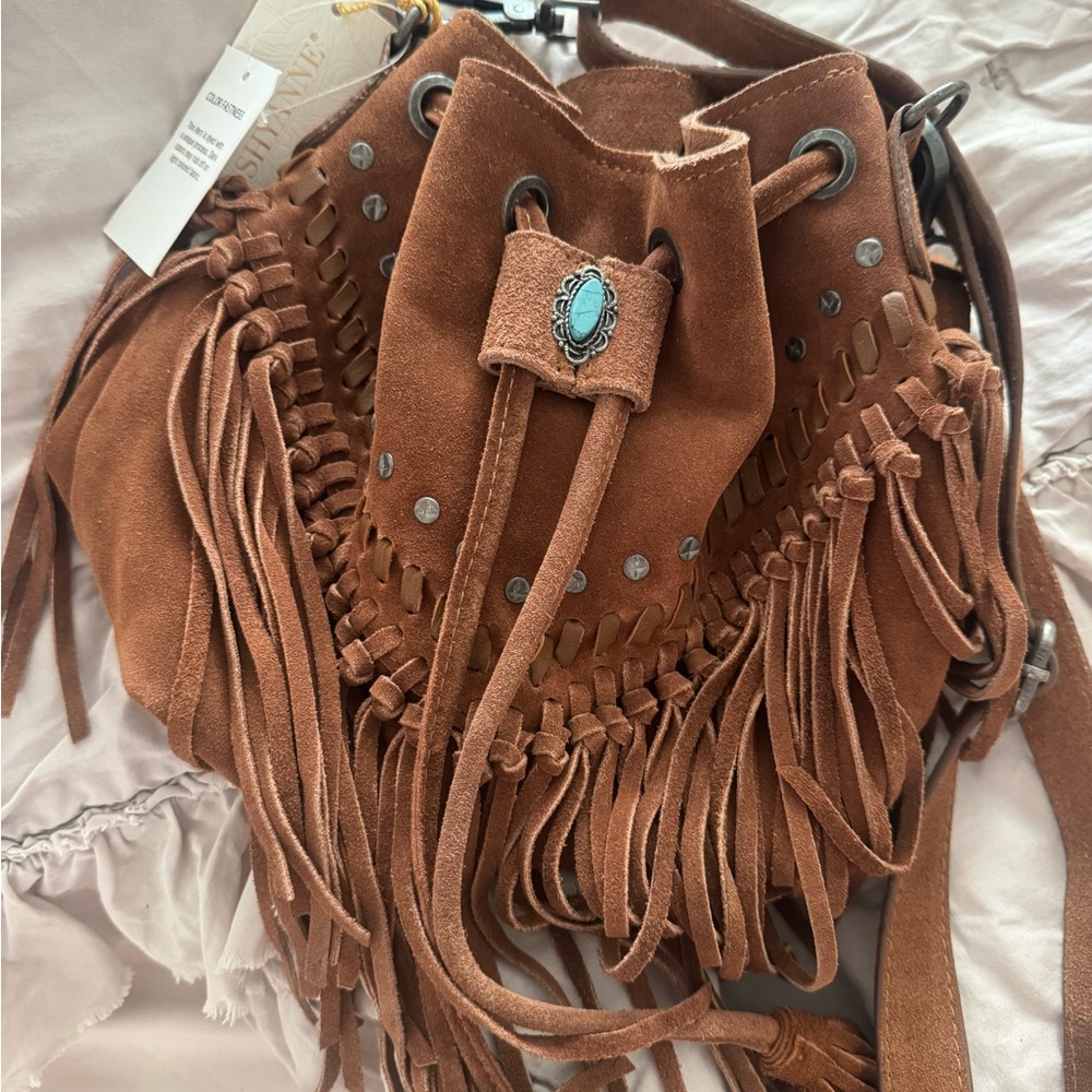 Fringed Suede Bucket Bag - Brown